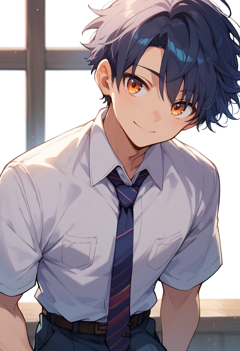 (score_9,score_8_up,score_7_up,score_6_up,score_5_up,score_4_up, source_anime), 8k, best quality, best lighting, BREAK, 1man, 27 yo, toned, male face, male eyes, male focus, navy hair, orange eyes, (smile: 0.7), dress shirt, necktie, wide shot, very short hair, round face, (forehead: 0.5)