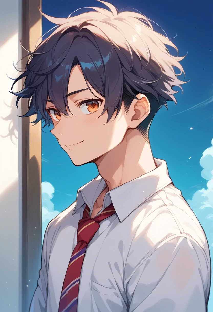 (score_9,score_8_up,score_7_up,score_6_up,score_5_up,score_4_up, source_anime), 8k, best quality, best lighting, BREAK, 1man, 27 yo, toned, male face, male eyes, male focus, navy hair, orange eyes, (smile: 0.7), dress shirt, necktie, wide shot, very short hair, round face, (forehead: 0.5)