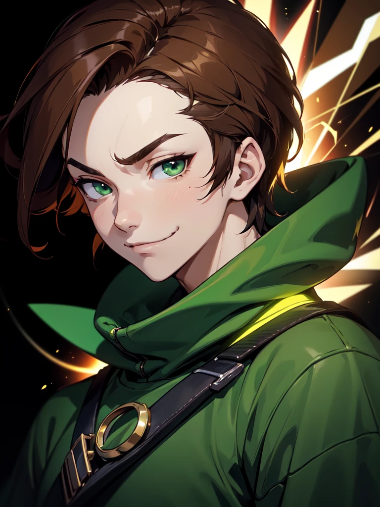 (((Portrait Photo))), He has a Bold and Youthful Appearance of a Teenager, with a Slim and Lively Build that Radiates Vivacity. His Short, Straight Brown Hair is Stylishly Cut, with Bangs that Gracefully Frame His Forehead, Highlighting His Features with a Touch of Modern Flair. His Bright, Emerald Green Eyes, Filled with a Spark of Fierce Enthusiasm and Joy, Giving His a Mischievous Aura. He is Dressed in an Oversized Sweatshirt with Straps. His Expression is Proud and Smug, with a Slight Smirk that Conveys a Sense of Confidence and Arrogance. (((High Quality, Dark Background))), (((Portrait Photo)))