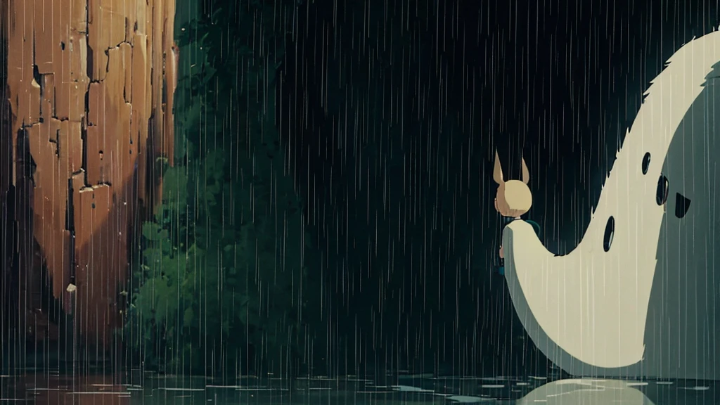 I have an image generator and I would like it to create a calm image in the style of Studio Ghibli, with rain and a slightly childlike aesthetic. I want the image to be simple, yet capture the fantastical world of Studio Ghibli, no characters please. This will be my background image. Thank you for creating this for me.