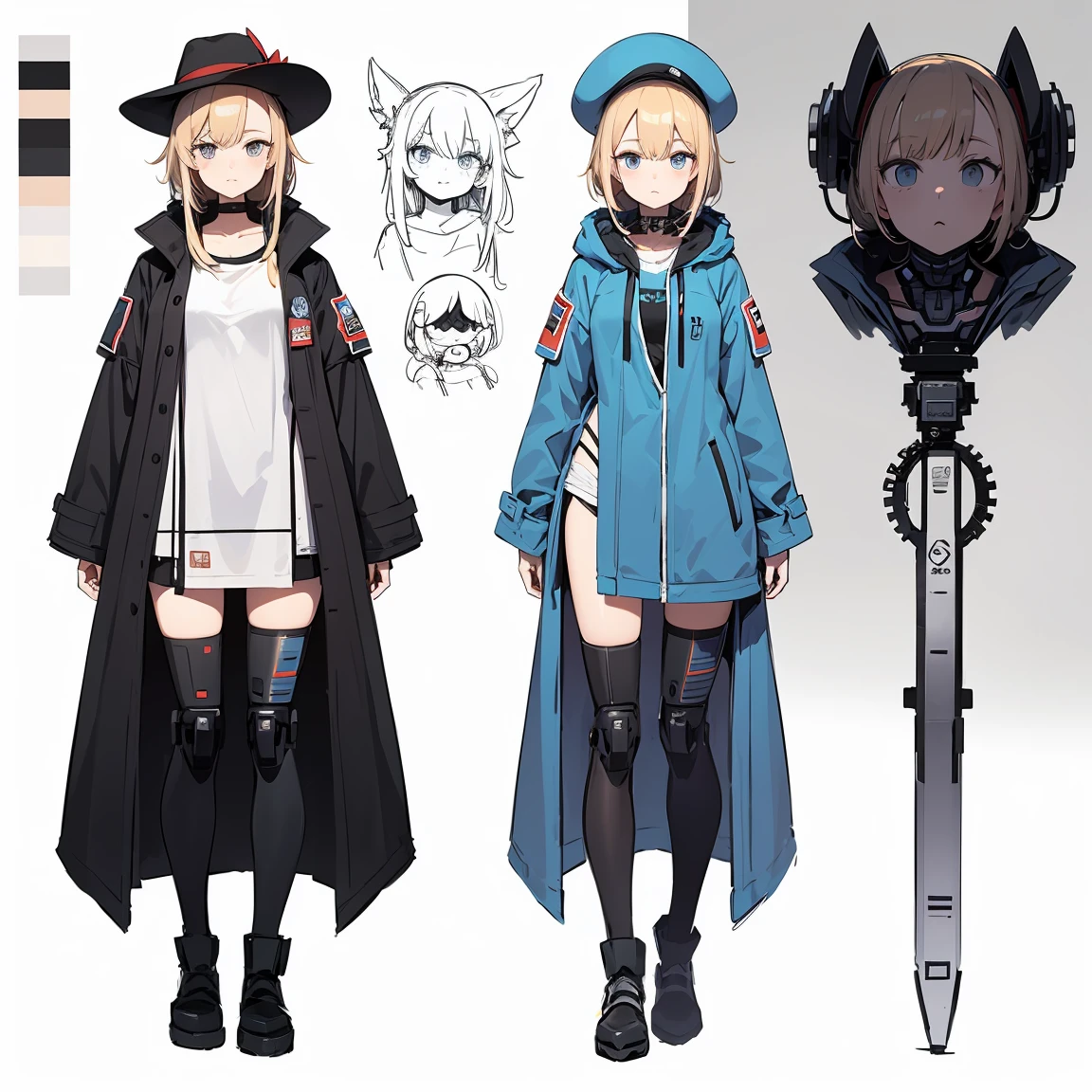 sketch girl (Character Design Sheet, Same characters, whole body, Three-species, Front, ~ ~ ~ side, Come back),(Very bright:1.1), White background, [1 girl:7], (tilted his head:1.2), ([sketch|watercolor \(Temperate\)]:1.15),whole body, cyborg girl, concept,, full length, whole body, half robot, chip veins, human build but microchip details, big coat, big shirt, big hat