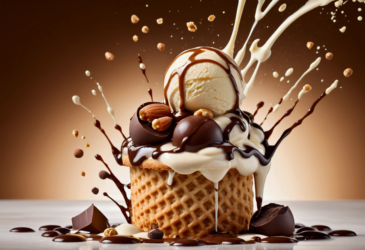 a picture of an ice cream biscuit and hazelnuts, yogurt and chocolate splashing in the elegant cream color background like in a commercial, everything in focus