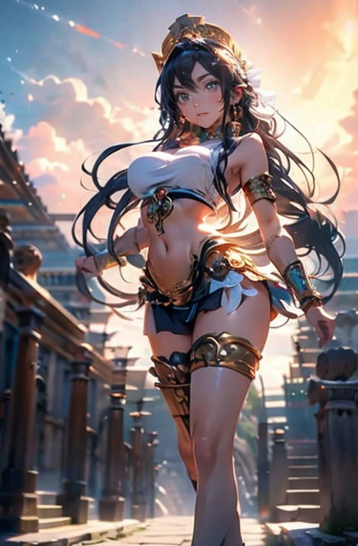 Anime Kawaii sexy Perfect Slim sensual body large breast and huge thighs, An intricate and highly detailed illustration of anime ( girl). (((Aztec Goddess))) best qualityer, ultra-high resolution, Detailed CG in 4K, work of art, Coyolxauhqui ,moon goddess, aztec mythology, Aztec temple, Aztec clothing, natta, Mexico, aesthetics, Beautiful picture, centered on screen