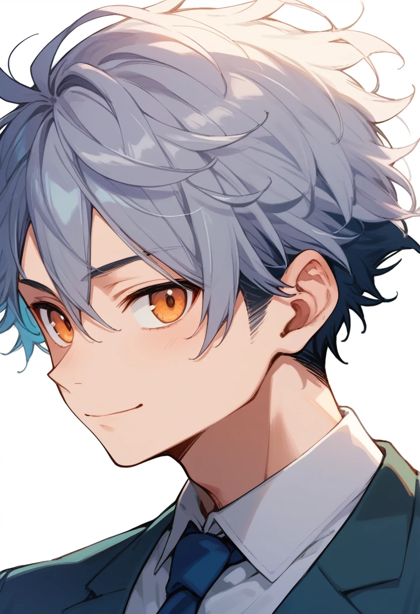 (score_9,score_8_up,score_7_up,score_6_up,score_5_up,score_4_up, source_anime), 8k, best quality, best lighting, BREAK, 1man, 27 yo, toned, male face, male eyes, male focus, navy hair, orange eyes, (smile: 0.7), dress shirt, necktie, wide shot, very short hair, round face, (forehead: 0.5)