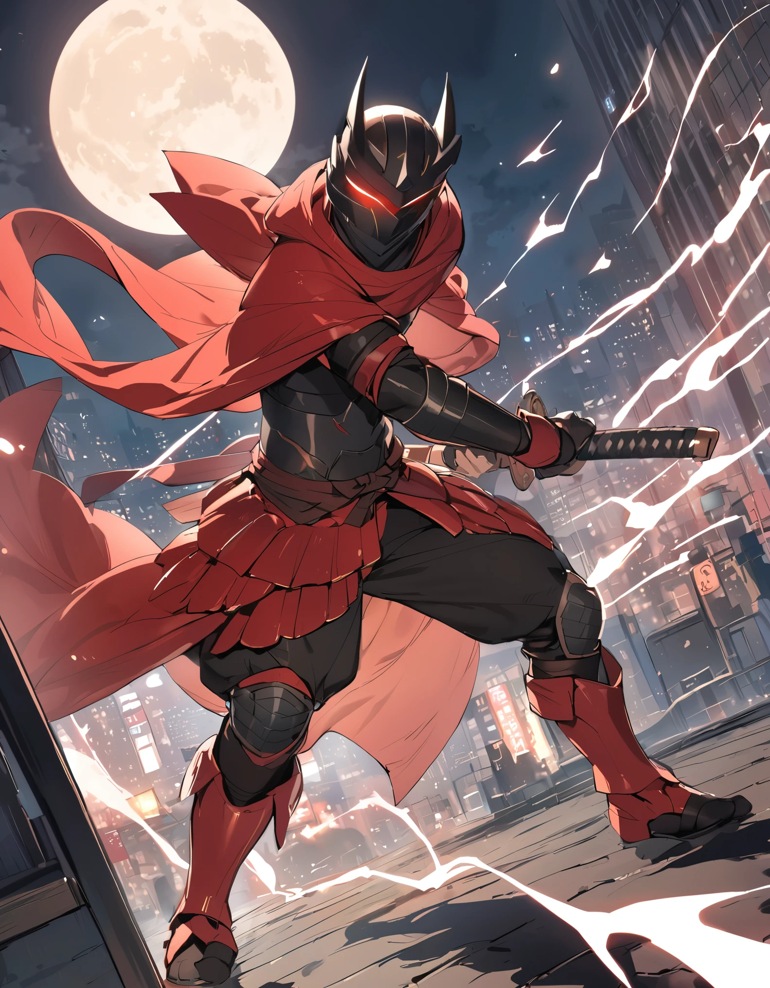 (masterpiece), (best quality), (high res), (solo, solo focus), 1male, male focus, ninja, black helmet, metal claws, glowing red eyes, holding weapon, katana, matching black gloves, black bodysuit, red armor, black knee pads, red boots. new york backdrop, midnight, moon, rooftop, outdoors. standing, smoke particles, menacing look, his body surrounded by electricity, white aura, full-body costume design.