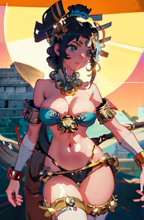 Anime Kawaii sexy Perfect Slim sensual body large breast and huge thighs, An intricate and highly detailed illustration of anime (Young girl). (((Aztec Goddess))) best qualityer, ultra-high resolution, Detailed CG in 4K, work of art, Coyolxauhqui ,moon goddess, aztec mythology, Aztec temple, Aztec clothing, natta, Mexico, aesthetics, Beautiful picture, centered on screen