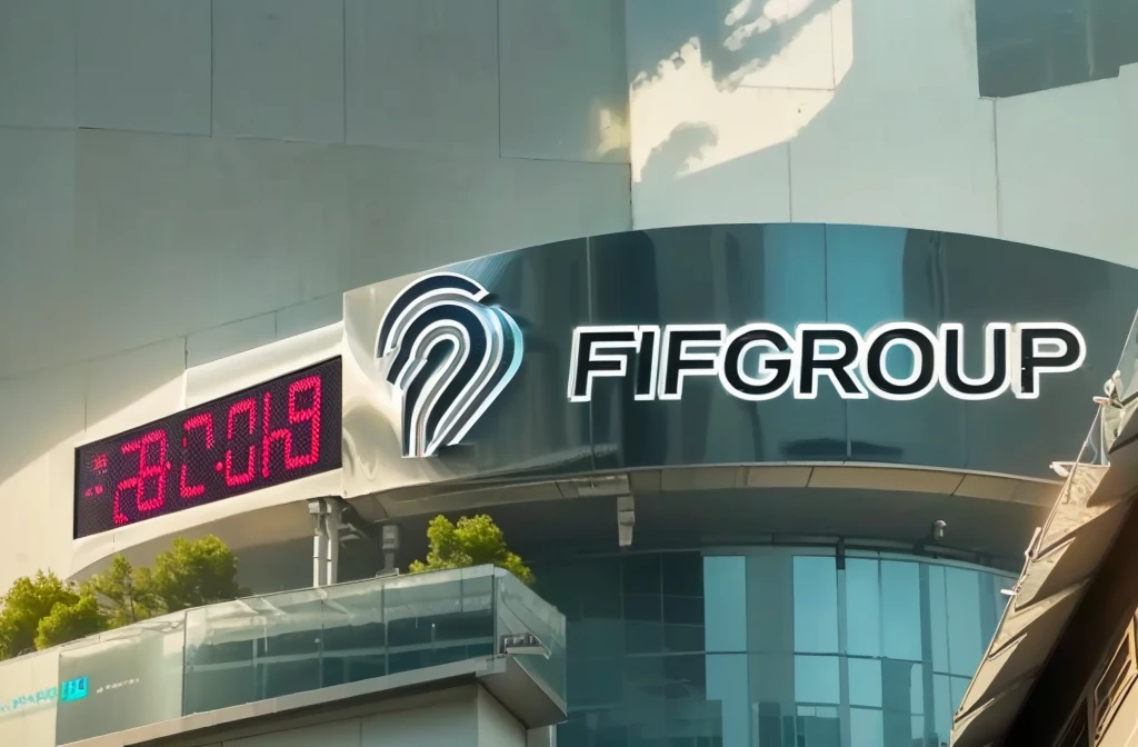 "FIFGROUP" logo on a building, With a digital clock beside it