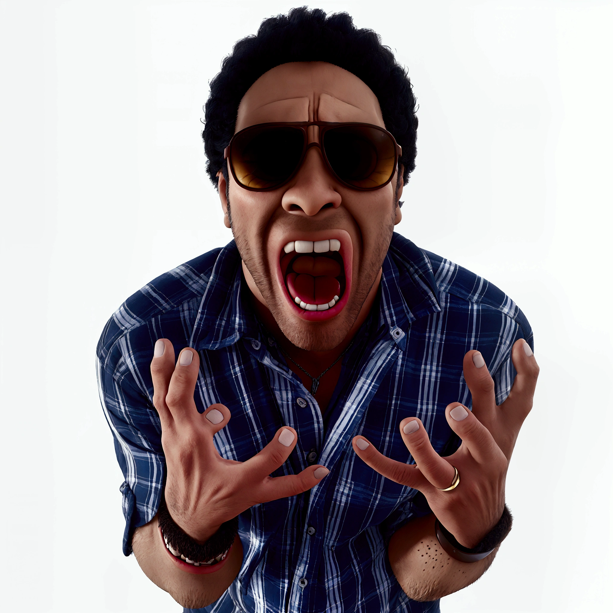 araffe man with sunglasses and plaid shirt grimacing, screaming man,  gambino, , mad screaming man, velues, Ray Lewis screaming, scary rage pose, intense scream expression, gritando no ar, he is screaming, nuts expression, aggressive pose, Donald Glover, Threatening pose, nuts, screaming screaming, angry man, swing out