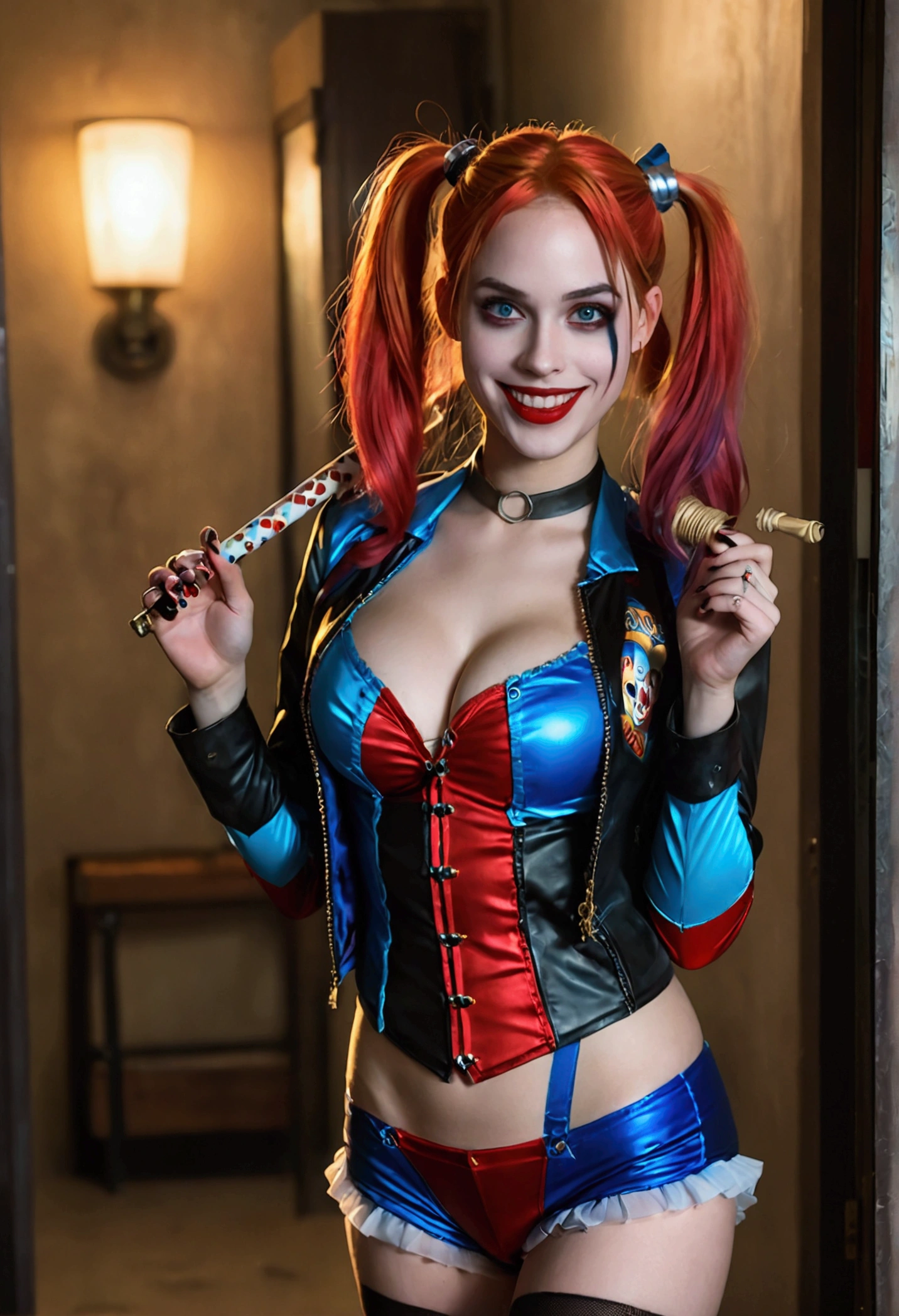 ultra realistic, photography, long red hair, girl, 24 years old, hourglass figure, perfect body, Flirty look, extremely detailed artgerm, in the style artgerm, small breasts, facing the camera, lens 35 mm, blur background, red and blue Harley Quinn costume (from the 2016 suicide squad movie), lively costume party as background, laughing, full body picture, full body