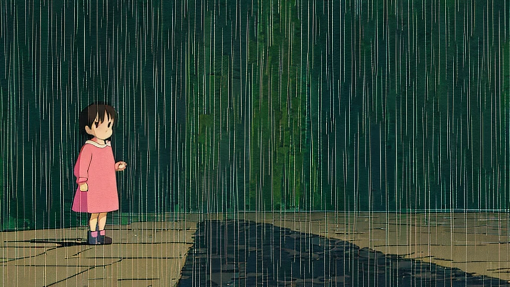 I have an image generator and I would like it to create a calm image in the style of Studio Ghibli, with rain and a slightly childlike aesthetic. I want the image to be simple, yet capture the fantastical world of Studio Ghibli, no characters please. This will be my background image. Thank you for creating this for me.