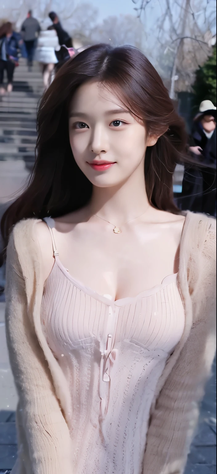 (on the table, best quality, realistically, super detailed, meticulous, High resolution, 8k wallpaper), Close-up portrait of a beautiful woman, like, Smile, light brown messy hair, Perfect dynamic composition, Beautiful and meticulous eyes, Just like the cover of a fashion magazine, on campus