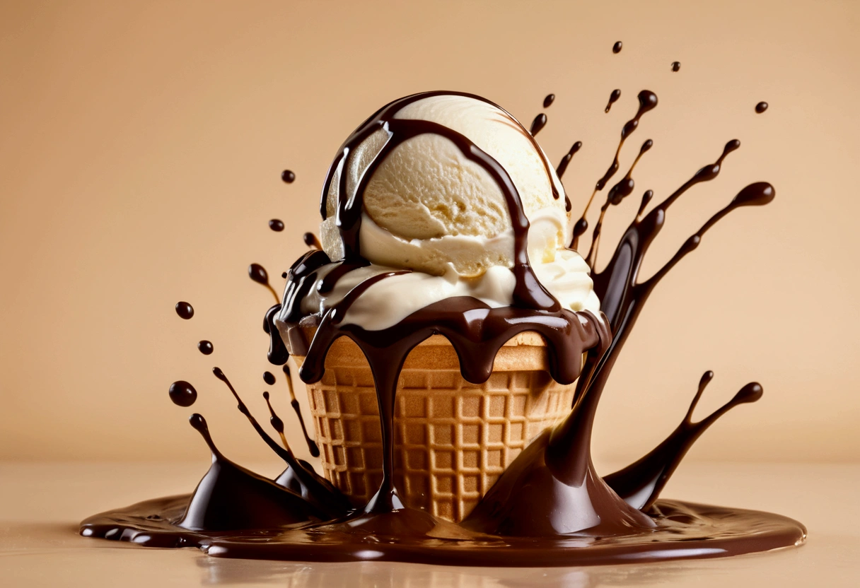 a picture of an ice cream, yogurt and chocolate splashing in the elegant cream color background like in a commercial, everything in focus
