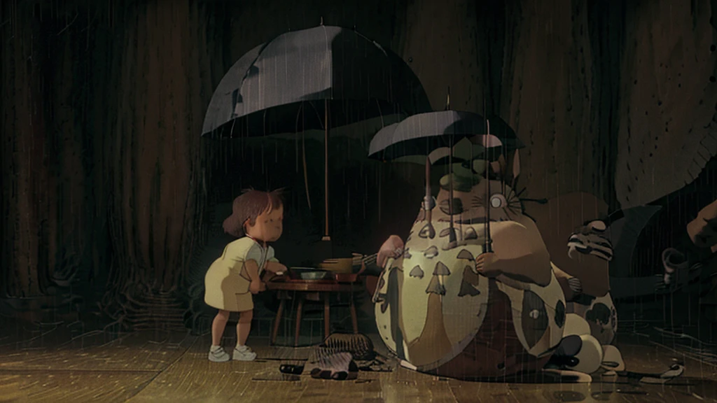 I have an image generator and I would like it to create a calm image in the style of Studio Ghibli, with rain and a slightly childlike aesthetic. I want the image to be simple, yet capture the fantastical world of Studio Ghibli, no characters please. This will be my background image. Thank you for creating this for me.