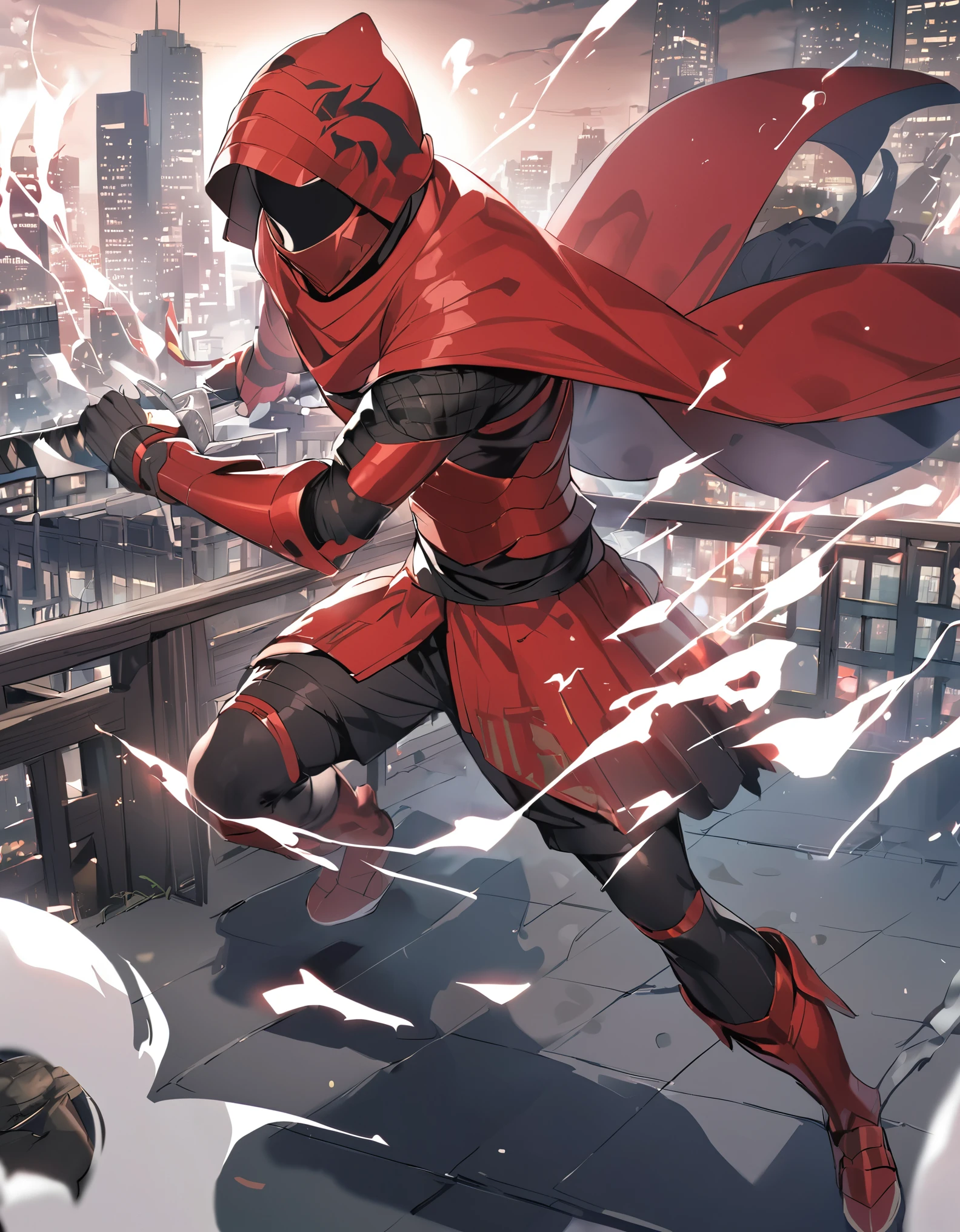 (masterpiece), (best quality), (high res), (solo, solo focus), 1male, male focus, ninja, black helmet, metal claws, glowing red eyes, holding weapon, katana, matching black gloves, black bodysuit, red armor, black knee pads, red boots. new york backdrop, midnight, moon, rooftop, outdoors. standing, smoke particles, menacing look, his body surrounded by electricity, white aura, full-body costume design.