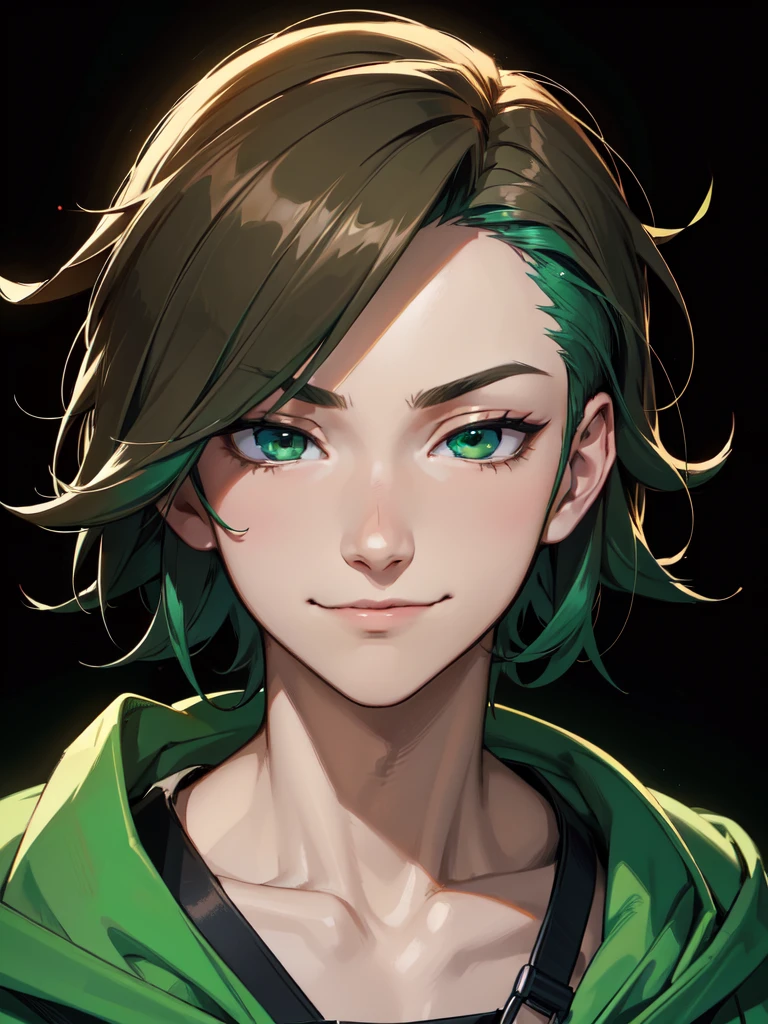 (((Portrait Photo))), He has a Bold and Youthful Appearance of a Teenager, with a Slim and Lively Build that Radiates Vivacity. His Short, Straight Brown Hair is Stylishly Cut, with Bangs that Gracefully Frame His Forehead, Highlighting His Features with a Touch of Modern Flair. His Bright, Emerald Green Eyes, Filled with a Spark of Enthusiasm and Joy. He is Dressed in an Oversized Sweatshirt with Straps. His Expression is Mischievous and Smug, with a Slight Smirk that Conveys a Sense of Confidence and Arrogance. (((High Quality, Dark Background))), (((Portrait Photo)))