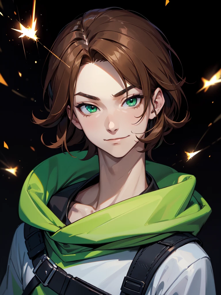 (((Portrait Photo))), He has a Bold and Youthful Appearance of a Teenager, with a Slim and Lively Build that Radiates Vivacity. His Short, Straight Brown Hair is Stylishly Cut, with Bangs that Gracefully Frame His Forehead, Highlighting His Features with a Touch of Modern Flair. His Bright, Emerald Green Eyes, Filled with a Spark of Enthusiasm and Joy. He is Dressed in an Oversized Sweatshirt with Straps. His Expression is Mischievous and Smug, with a Slight Smirk that Conveys a Sense of Confidence and Arrogance. (((High Quality, Dark Background))), (((Portrait Photo)))