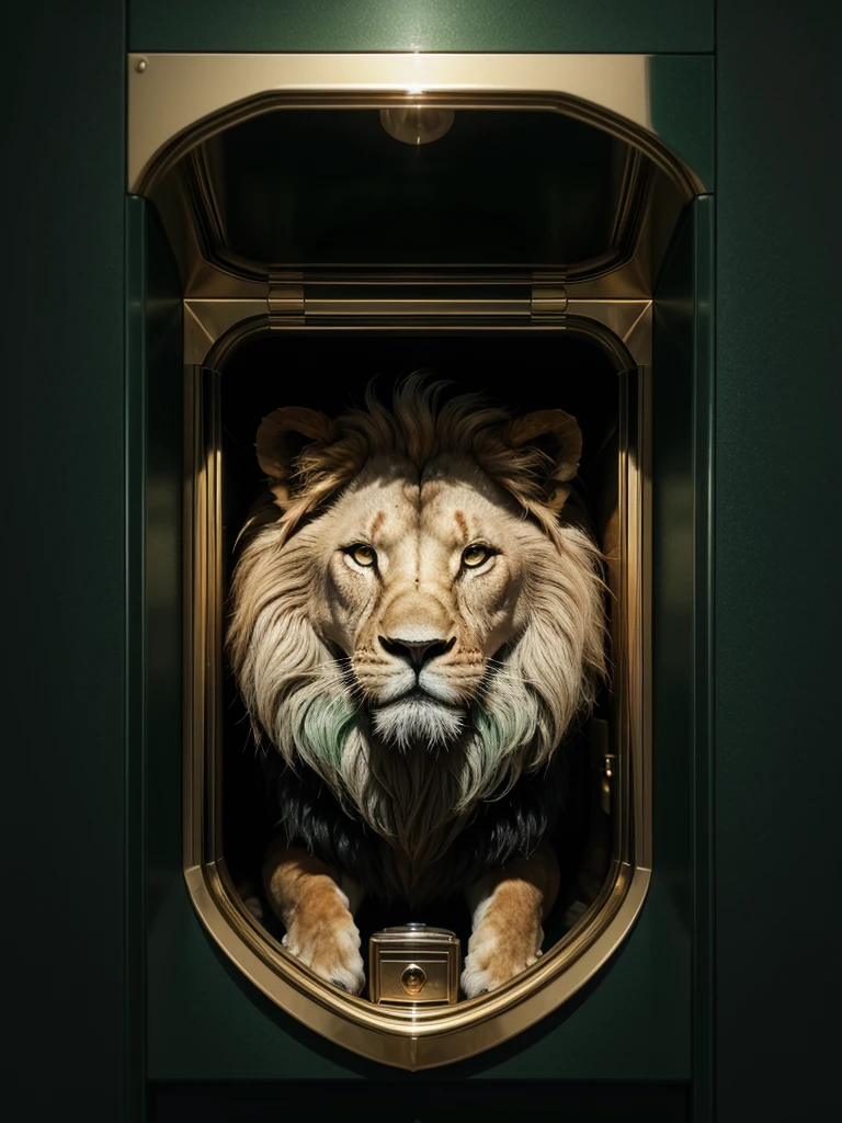 A stylized lion, dark green color palette, subtle financial market elements like a chart or coin, a stylized safe, confident expression, modern style