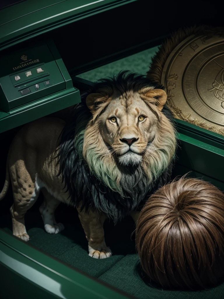 A stylized lion, dark green color palette, subtle financial market elements like a chart or coin, a stylized safe, confident expression, modern style