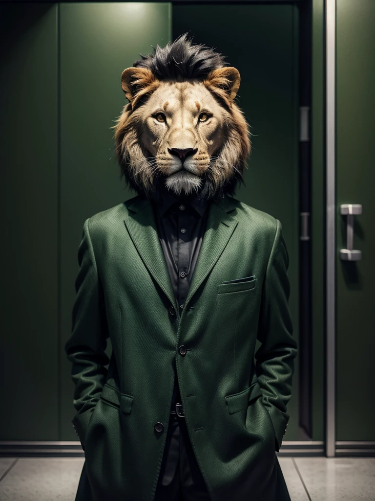 A stylized lion, dark green color palette, subtle financial market elements like a chart or coin, a stylized safe, confident expression, modern style
