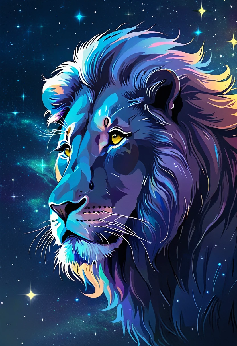 a lion silhouette composed by bright stars. Cosmic background