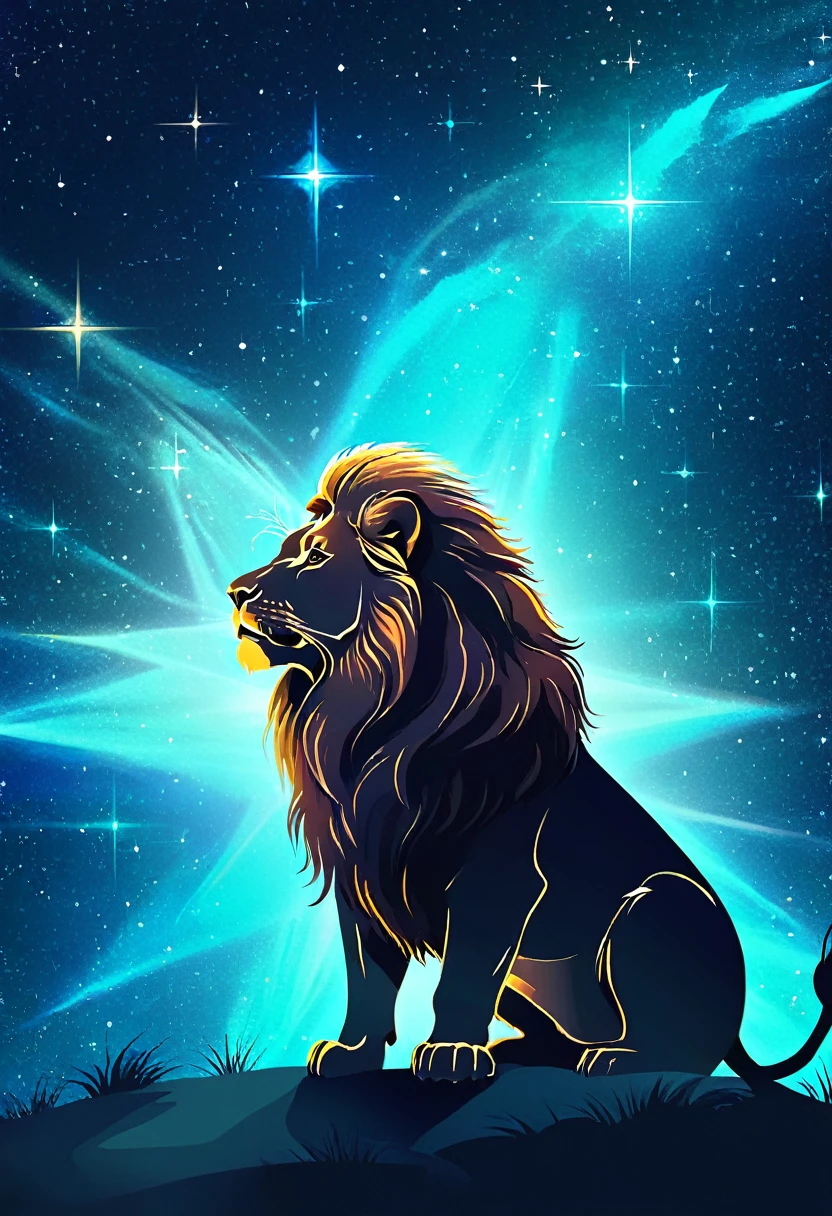 a lion silhouette composed by bright stars. Cosmic background