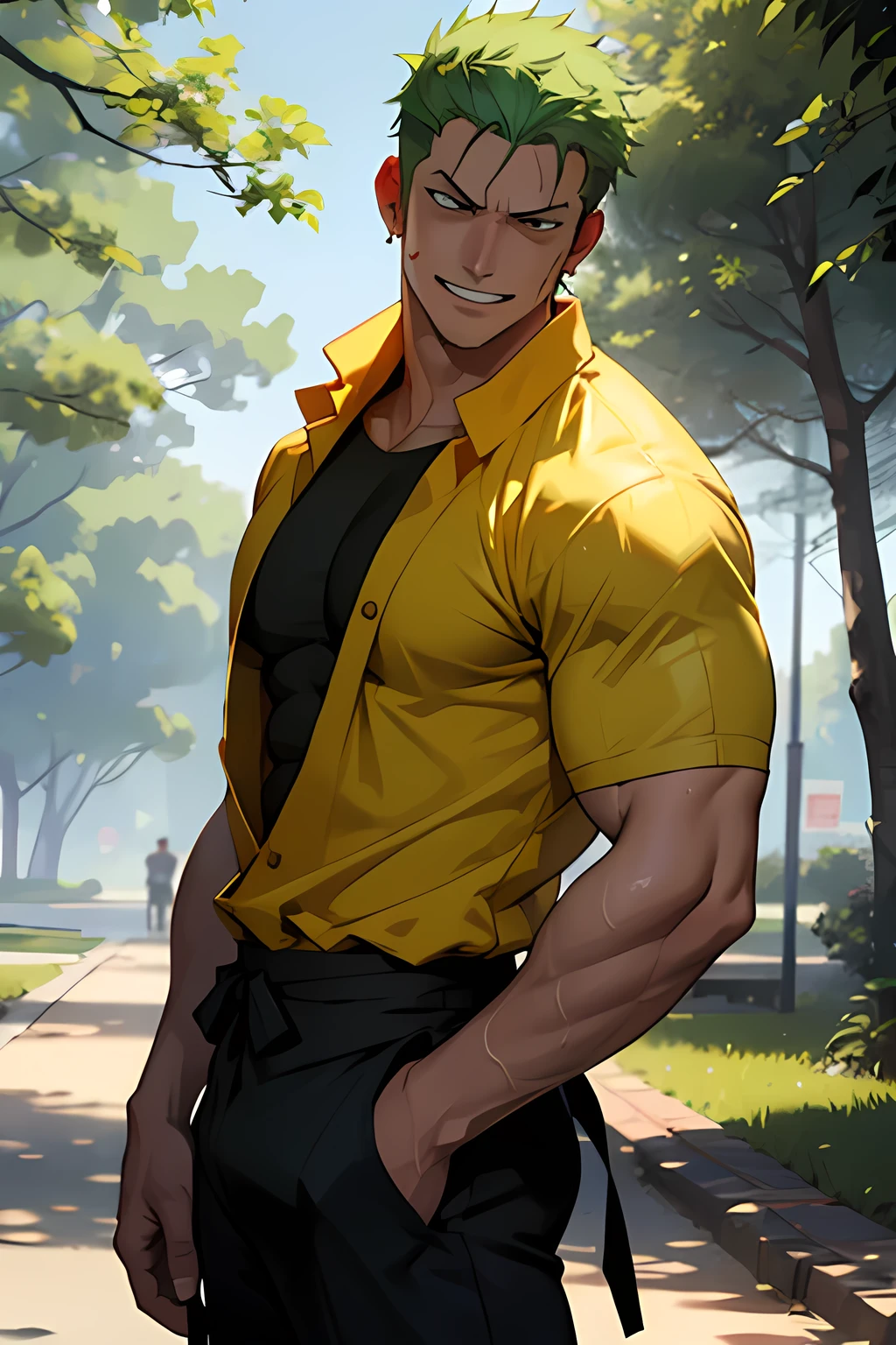Roronoa Zoro wearing firefighter suit in a park, muscular, sweaty, sonrriendo.