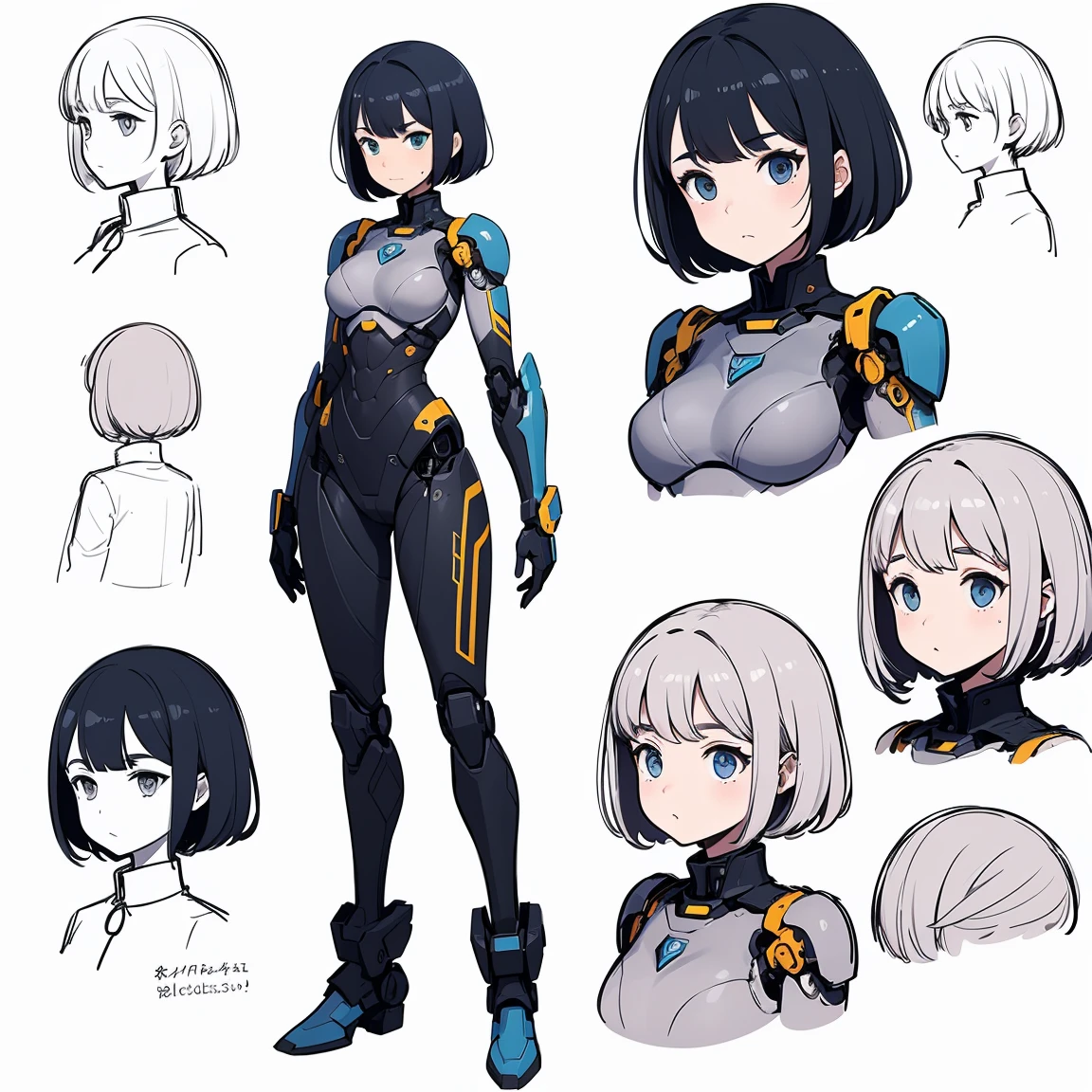 sketch girl (Character Design Sheet, Same characters, whole body, Three-species, Front, ~ ~ ~ side, Come back),(Very bright:1.1), White background, [1 girl:7], (tilted his head:1.2), ([sketch|watercolor \(Temperate\)]:1.15),whole body, cyborg girl, concept,, full length, whole body, half robot, chip veins, human build but microchip details, big head accessory