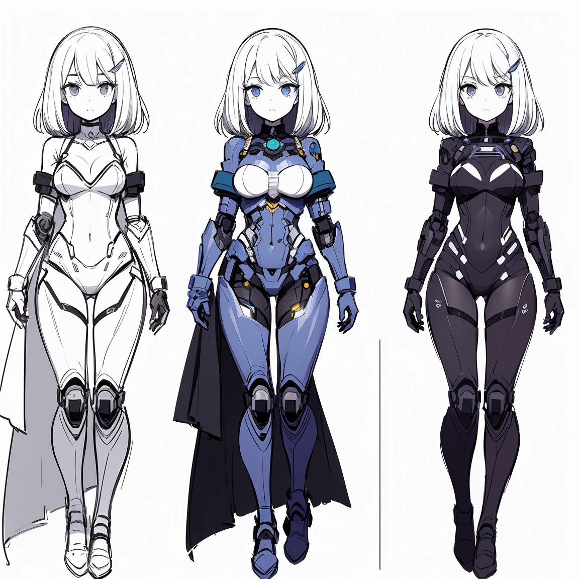 sketch girl (Character Design Sheet, Same characters, whole body, Three-species, Front, ~ ~ ~ side, Come back),(Very bright:1.1), White background, [1 girl:7], (tilted his head:1.2), ([sketch|watercolor \(Temperate\)]:1.15),whole body, cyborg girl, concept,, full length, whole body, half robot, chip veins, human build but microchip details, big head accessory