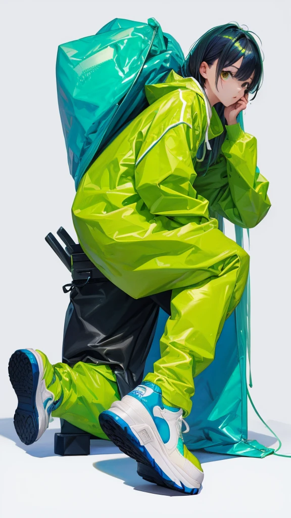 solo, High resolution, accurate, Anatomically correct, Highest quality, Ultra high definition, High detail, Very detailed, Simple Background, Character portrait, three views, Food, かぶっているFood, Illustration, whole body,Wearing big sneakers,Image color: Light green,Keep your background simple,