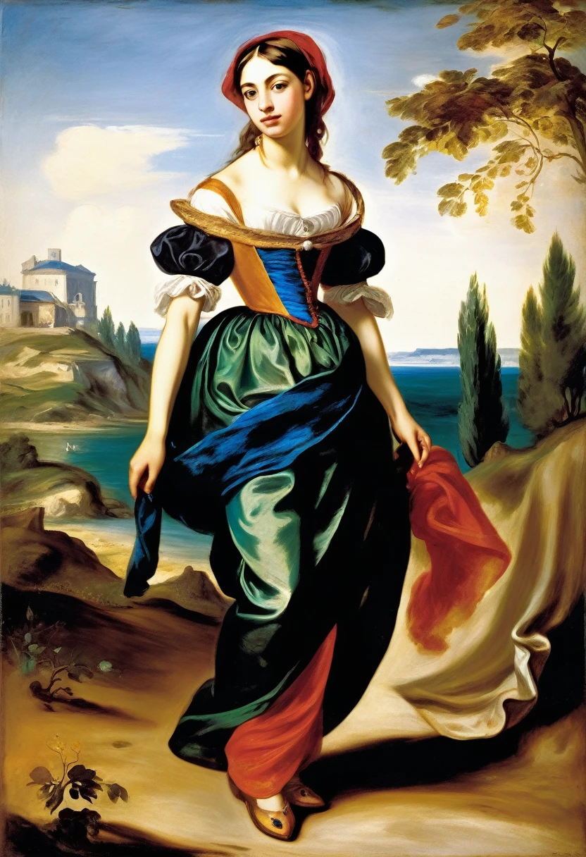 [[(full-length front view: young attractive girl) ((style Eugene Delacroix))]/[background:amazing Renaissance landscape based on Eugene Delacroix) (masterpiece)], oil painting, extreme detail, intricate, unusual, ((best quality))]