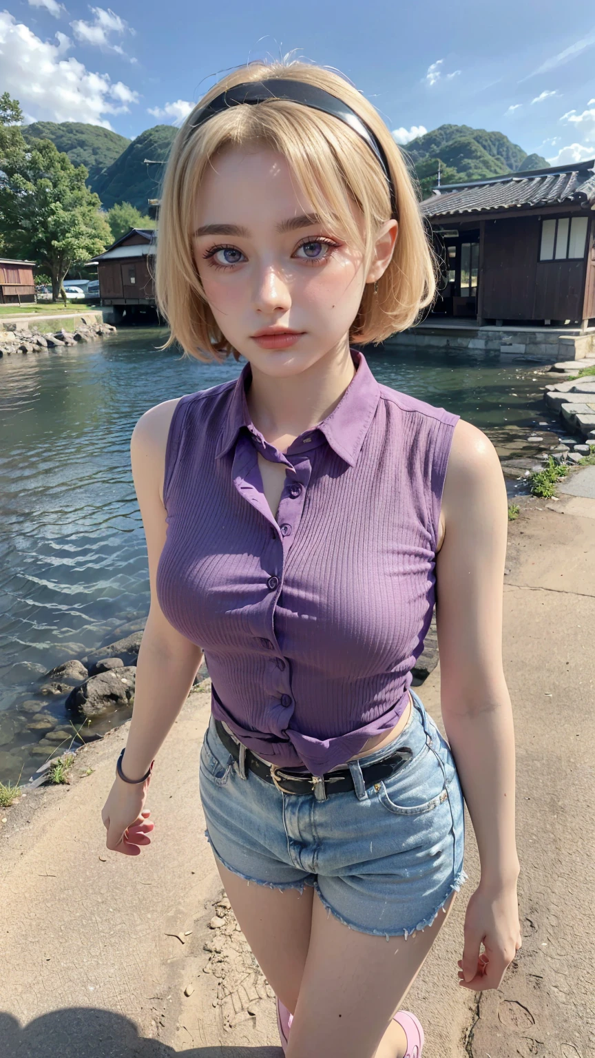 1 woman, grown woman, woman in her 30s, tarankaaa, NOT DASHA TARAN, full body standing, perfect body, best quality, 32k, photograph, full body (head to toe), tone mapping, ((houjou satoko,short hair,black hairband,blonde hair,violet eyes,hair between eyes,collared shirt,sleeveless shirt,pink shirt,shirt tucked in,mid sized breasts,belt,short shorts,blue shorts,white socks,pink footwear, athletic, big woman)), asian-european, ((golden blonde hair, short hair, purple eyes)) perfectly drawn hands, ((masterpiece)), ((highres)), ((detailed background)), japanese village background, next to a river, (big proportions), cute pose, smiling, ((perfect eyes, detailed eyes, realistic eyes)), ((sharp face, detailed face, realistic face, natural skin, realistic skin, detailed skin, pores)),