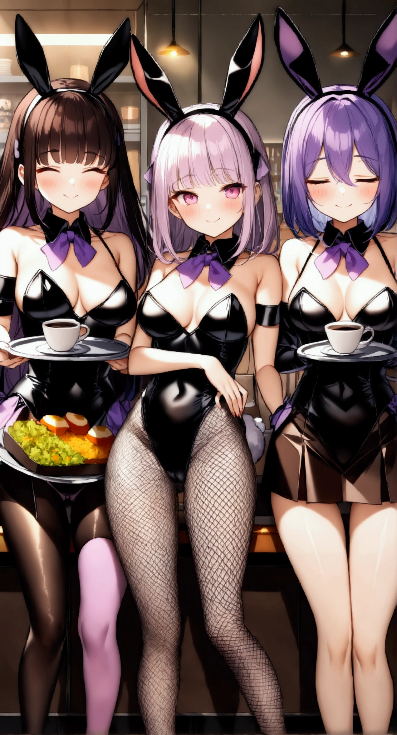 cute face, ideal ratio body proportions, curvy, blush, medium hair, (purple hair), (pink eyes), (medium breasts), (((3 girls))), ((Bunny ears)), (((purple Bunny girls))), ((Fishnet tights)), (((Closed your eyes))), ((Closed your mouth)), smile, (((Hold the tray))), (((multi foods))), (((A coffee shop with many customers))), ((32k)), ((best quality)), ((ultra high res)), ((HDR)), ((UHD)), ((extremely detailed CG)), ((unity 32k wallpaper)), ((perfect anatomy)), ((from front)),
