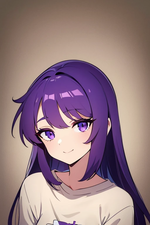 Fille seul, cheveux longs et noirs, cornes sur la tête, yeux violets fins, Tee-shirt, baggy beige, vue en portrait, poitrine forte, expression du visage : heureuse, souriante, excitée, folle.