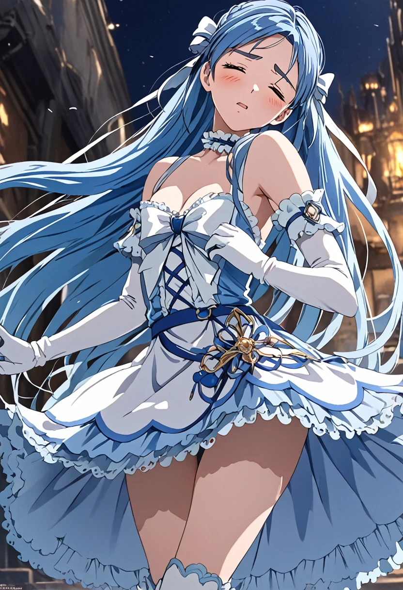 (Suffering from being held by a muscular man:1.5)、Cure White,hair ribbon,Chest ribbon, mini skirt, white choker, thigh straps, elbow gloves, detailed hair and outfit, long flowing blue hair, white and blue frilly dress, white gloves and boots, blushing, feeling pain, suffering from arm being bitten by enemy, dynamic and intense scene, background with sound waves, eyes closed, masterpiece, best quality, highly detailed background, perfect lighting, (beautiful, best quality: 1.1), masterpiece, perfect eyes, (beautiful), (erotic: 1.2)