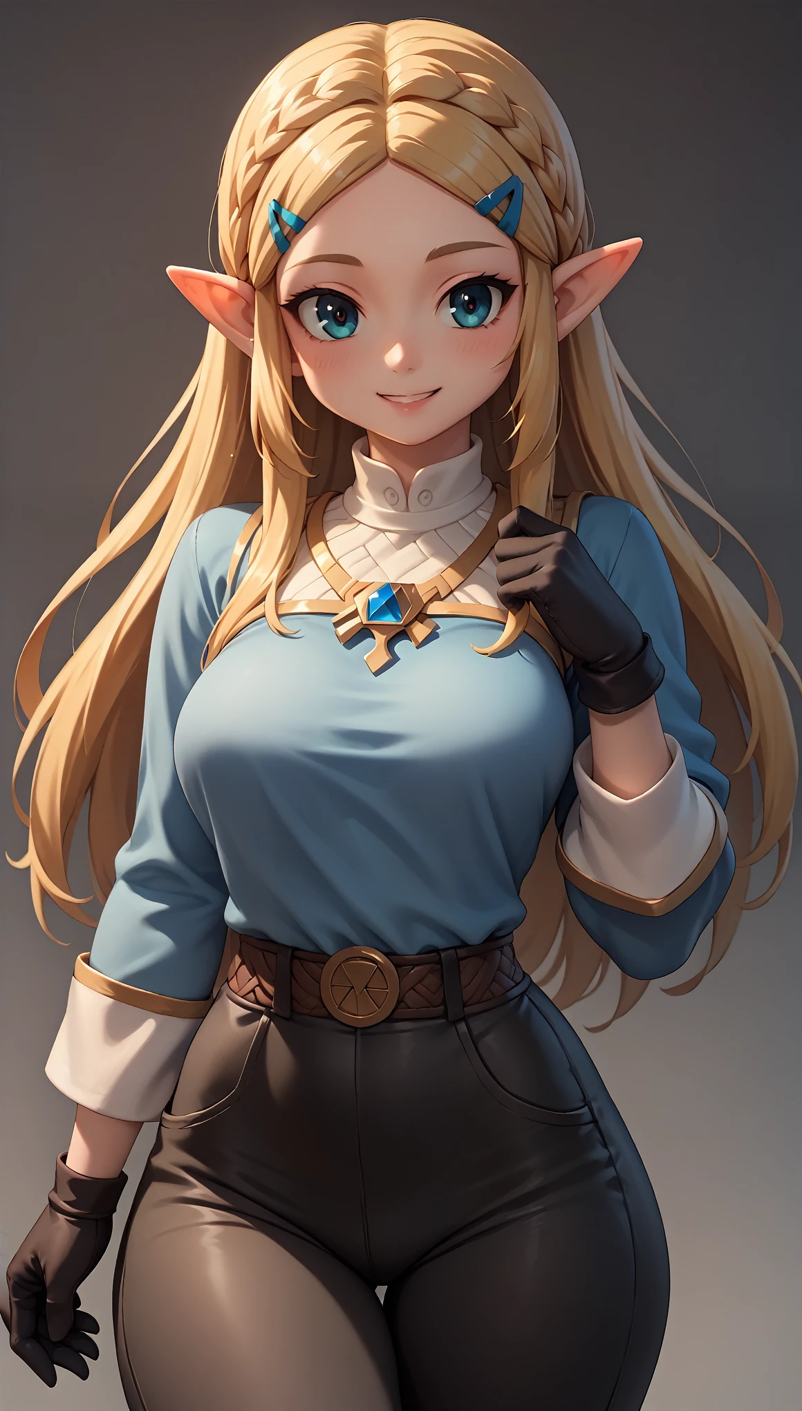 High resolution, Very detailed, perfect lighting, beautiful detailed eyes,   ((masterpiece,Best Quality)), absurdities, Alone,     princess zelda, by the wide, crown braid, Hair clip, pointy ears, blue shirt, long sleeves, Gloves without fingers, black gloves, Black pants, tight pants, smile, curves, nod,   , 