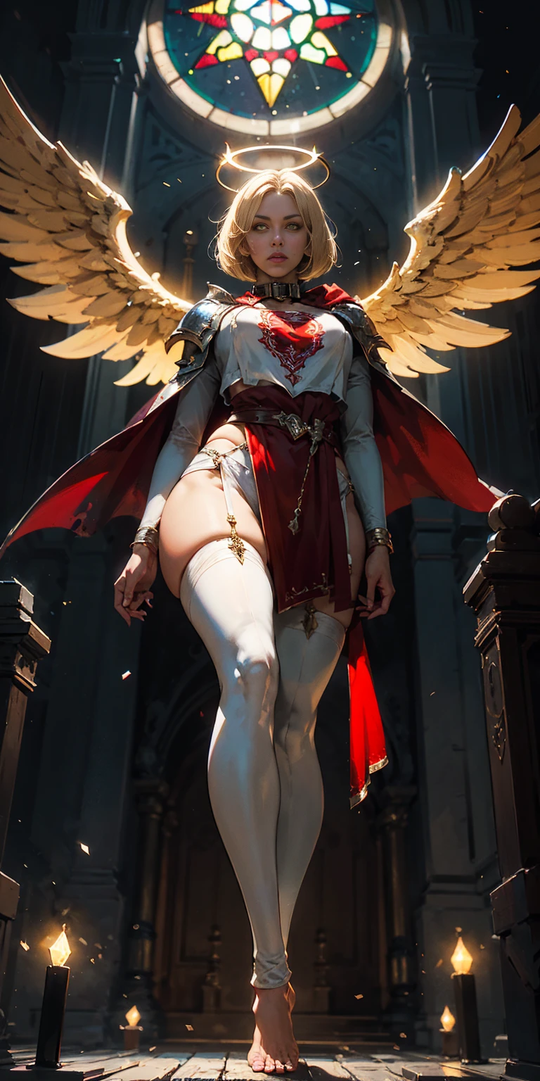 low angle, from below, paladin templar lady in white tabard, legwear, glowing yellow eyes, collar, golden chainmail, wide hips, barefoot, angel wings, pauldrons, halo, bob cut, blonde, eye focus, red cape, temple indoors, decorations, stained glass windows, night, particles, chromatic aberration, detailed, cinematic, dark scene, fantasy