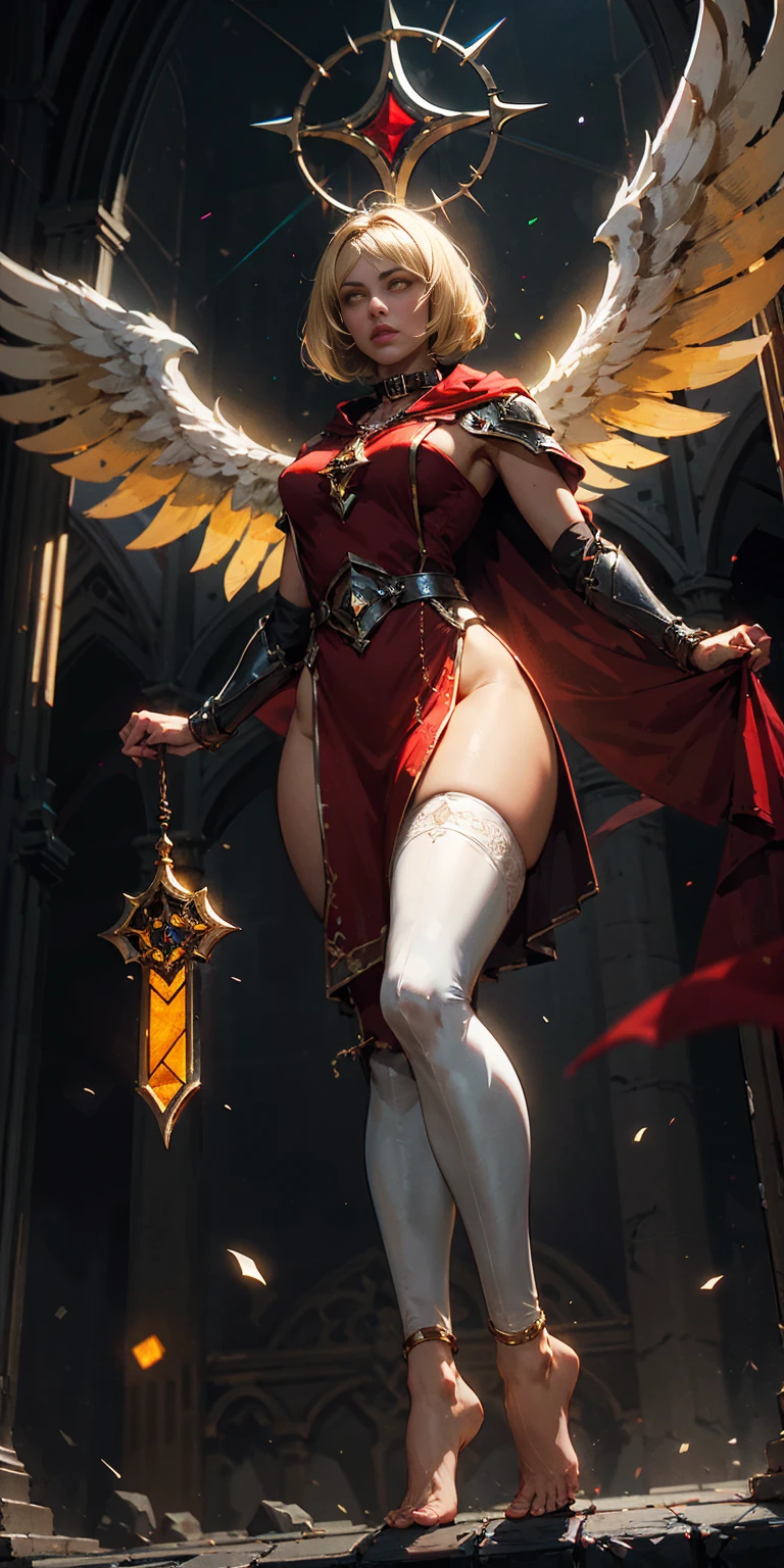 low angle, from below, paladin templar lady in white tabard, legwear, glowing yellow eyes, collar, golden chainmail, wide hips, barefoot, angel wings, pauldrons, halo, bob cut, blonde, eye focus, red cape, temple indoors, decorations, stained glass windows, night, particles, chromatic aberration, detailed, cinematic, dark scene, fantasy