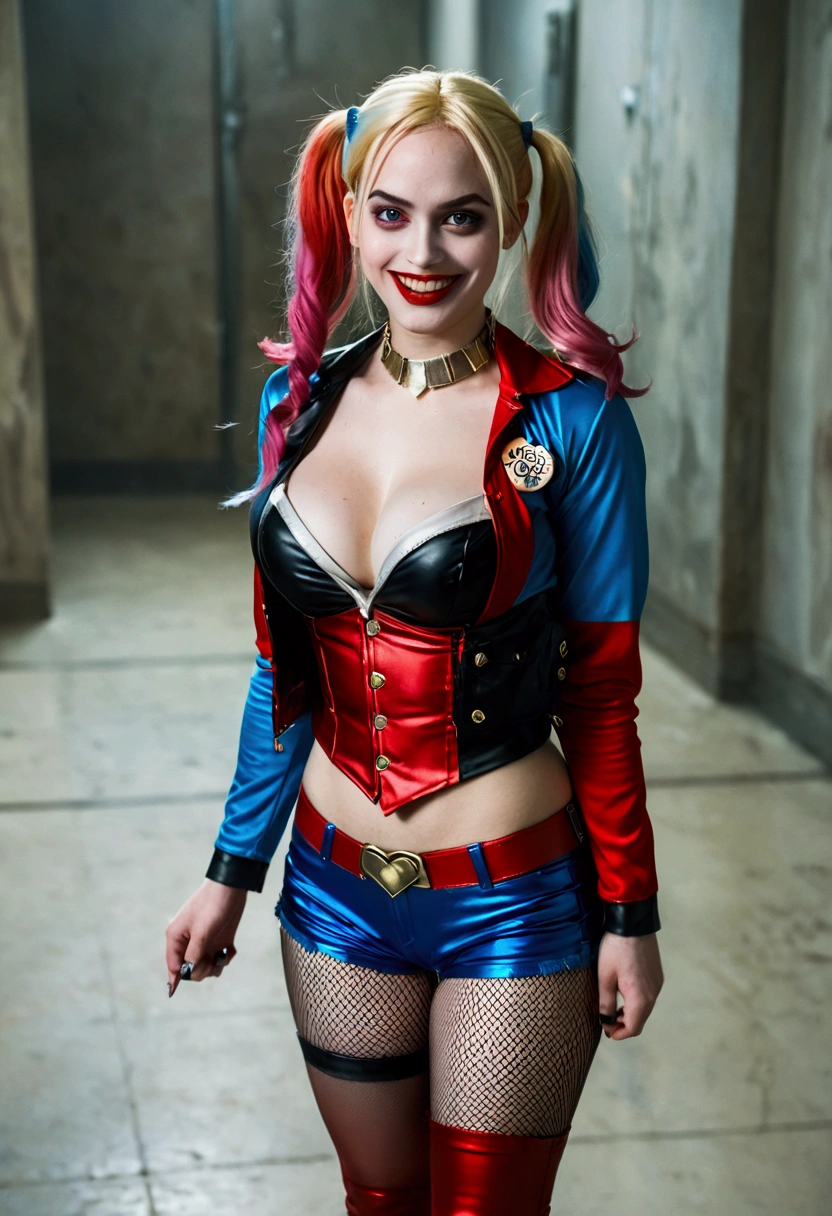 ultra realistic, photography, long red hair, girl, 24 years old, hourglass figure, perfect body, Flirty look, extremely detailed artgerm, in the style artgerm, small breasts, facing the camera, lens 35 mm, blur background, red and blue Harley Quinn costume (from the 2016 suicide squad movie), lively costume party as background, laughing, full body picture, full body