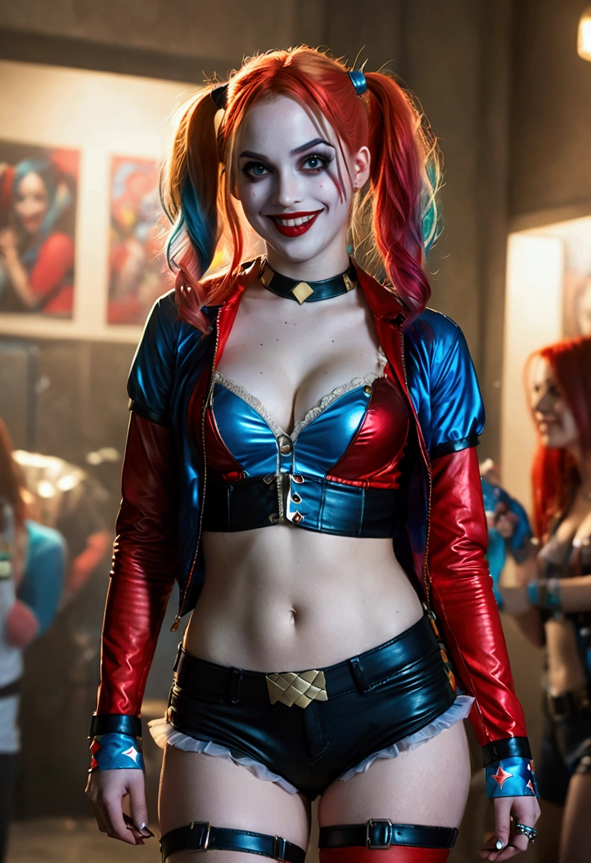 ultra realistic, photography, long red hair, girl, 24 years old, hourglass figure, perfect body, Flirty look, extremely detailed artgerm, in the style artgerm, small breasts, facing the camera, lens 35 mm, blur background, red and blue Harley Quinn costume (from the 2016 suicide squad movie), lively costume party as background, laughing, full body picture, full body