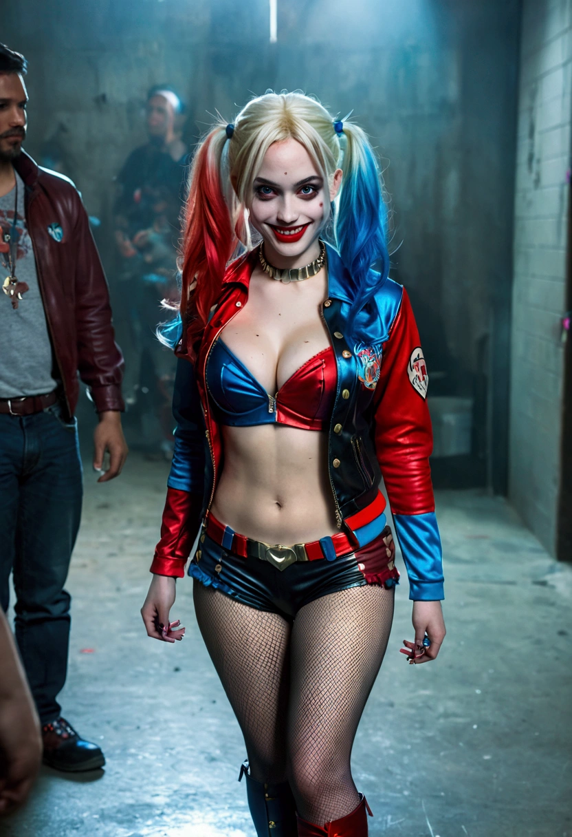 ultra realistic, photography, long red hair, girl, 24 years old, hourglass figure, perfect body, Flirty look, extremely detailed artgerm, in the style artgerm, small breasts, facing the camera, lens 35 mm, blur background, red and blue Harley Quinn costume (from the 2016 suicide squad movie), lively costume party as background, laughing, full body picture, full body