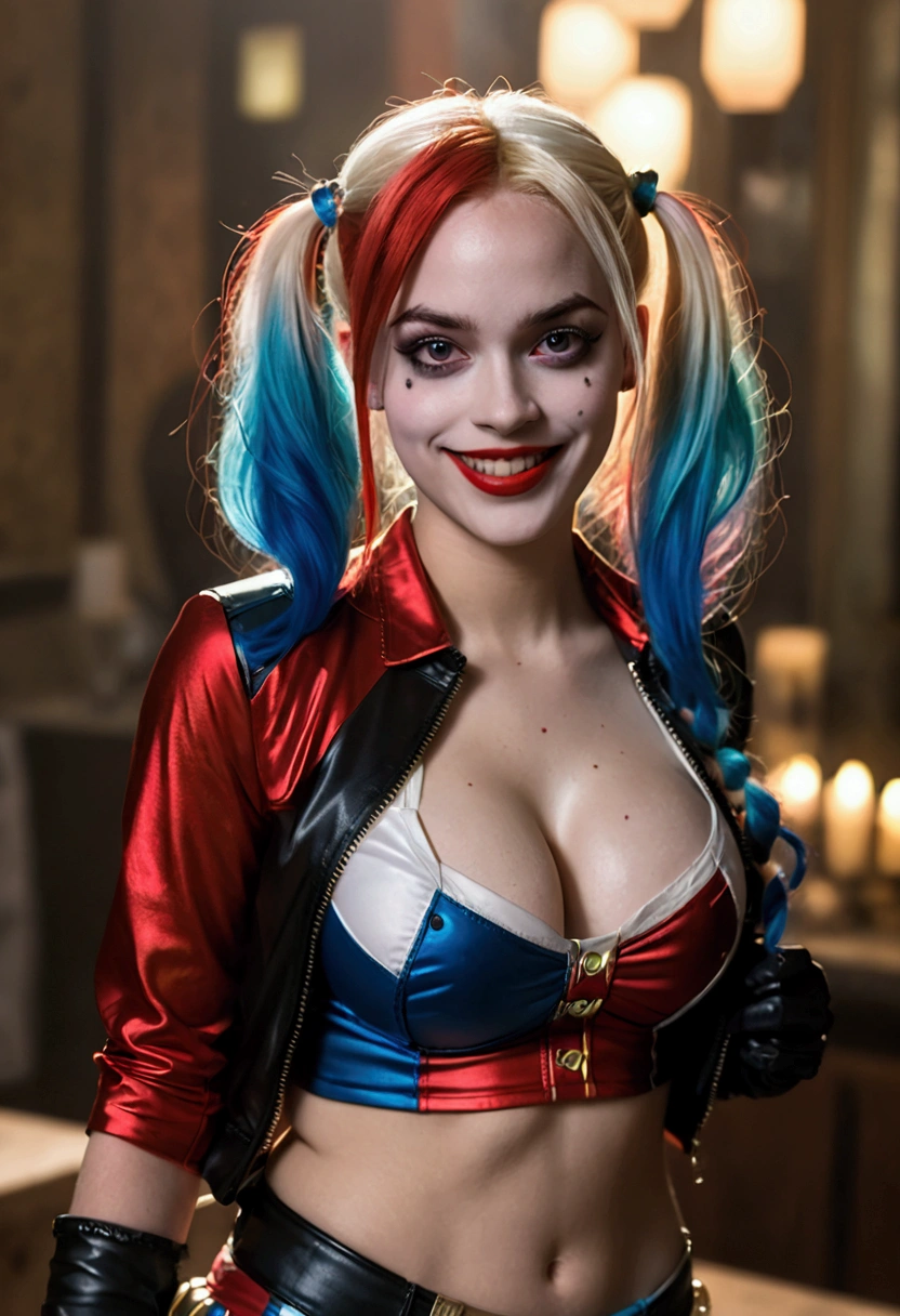 ultra realistic, photography, long red hair, girl, 24 years old, hourglass figure, perfect body, Flirty look, extremely detailed artgerm, in the style artgerm, small breasts, facing the camera, lens 35 mm, blur background, red and blue Harley Quinn costume (from the 2016 suicide squad movie), lively costume party as background, laughing, full body picture, full body