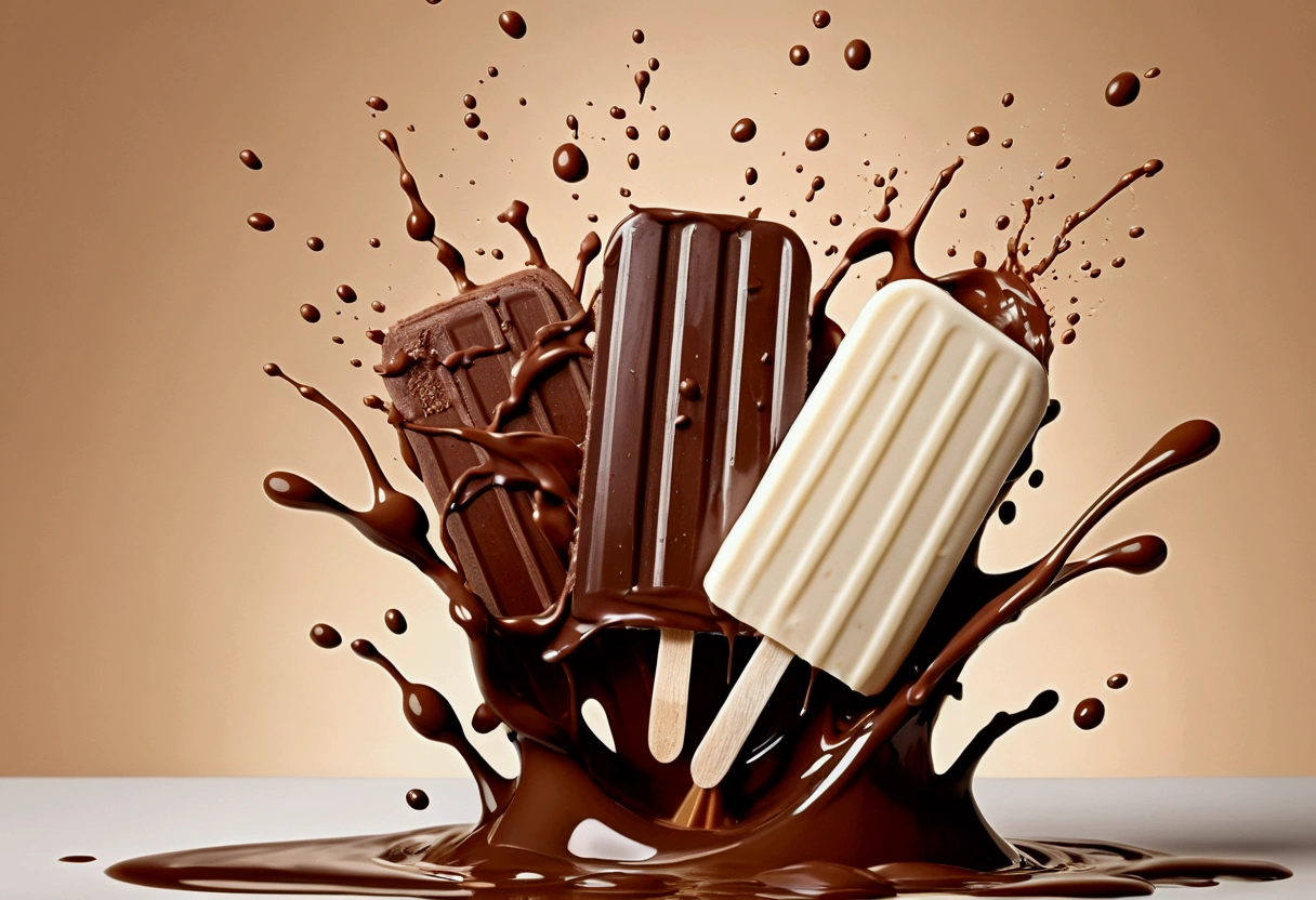 a picture of a popsicle, yogurt and chocolate splashing in the elegant cream color background like in a commercial, everything in focus
