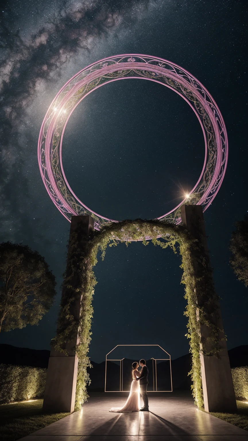 A breathtaking and fantastical portal materializes before you, its circular frame shimmering with an otherworldly energy. Within its depths, swirling nebulae of vibrant purples, blues, and pinks dance in a cosmic ballet, their colors blending and separating in mesmerizing patterns. At the center of this celestial display, an alluring light beckons, its warm golden glow promising untold wonders beyond.Surrounding the portal, lush and photorealistic green vines intertwine and climb, their leaves a rich emerald hue. The plants seem almost alive, reaching towards the portal as if drawn by its magnetic presence. Delicate tendrils curl and twist, creating an organic frame that perfectly complements the ethereal gateway.The atmosphere around the portal is thick with mystery and anticipation. A gentle breeze stirs the air, carrying with it countless shimmering, silver motes of dust. These magical particles dance and swirl in the air, catching the light and creating a dazzling display of twinkling stars that orbit the portal.Emerging from the very center of the portal, floating in three-dimensional space, are the words "". The text appears sculpted from pure energy, its surface smooth and reflective. The letters glow with an intense blue light, casting subtle shadows and highlights that emphasize their volume and depth.The text itself is a masterpiece of color, featuring a gradient that smoothly transitions from a soft, dreamy pink to a pure, crisp white. This gradient flo