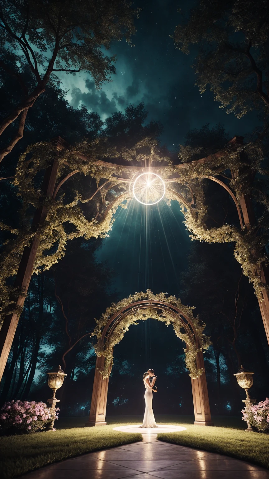 A breathtaking and fantastical portal materializes before you, its circular frame shimmering with an otherworldly energy. Within its depths, swirling nebulae of vibrant purples, blues, and pinks dance in a cosmic ballet, their colors blending and separating in mesmerizing patterns. At the center of this celestial display, an alluring light beckons, its warm golden glow promising untold wonders beyond.Surrounding the portal, lush and photorealistic green vines intertwine and climb, their leaves a rich emerald hue. The plants seem almost alive, reaching towards the portal as if drawn by its magnetic presence. Delicate tendrils curl and twist, creating an organic frame that perfectly complements the ethereal gateway.The atmosphere around the portal is thick with mystery and anticipation. A gentle breeze stirs the air, carrying with it countless shimmering, silver motes of dust. These magical particles dance and swirl in the air, catching the light and creating a dazzling display of twinkling stars that orbit the portal.Emerging from the very center of the portal, floating in three-dimensional space, are the words "". The text appears sculpted from pure energy, its surface smooth and reflective. The letters glow with an intense blue light, casting subtle shadows and highlights that emphasize their volume and depth.The text itself is a masterpiece of color, featuring a gradient that smoothly transitions from a soft, dreamy pink to a pure, crisp white. This gradient flo
