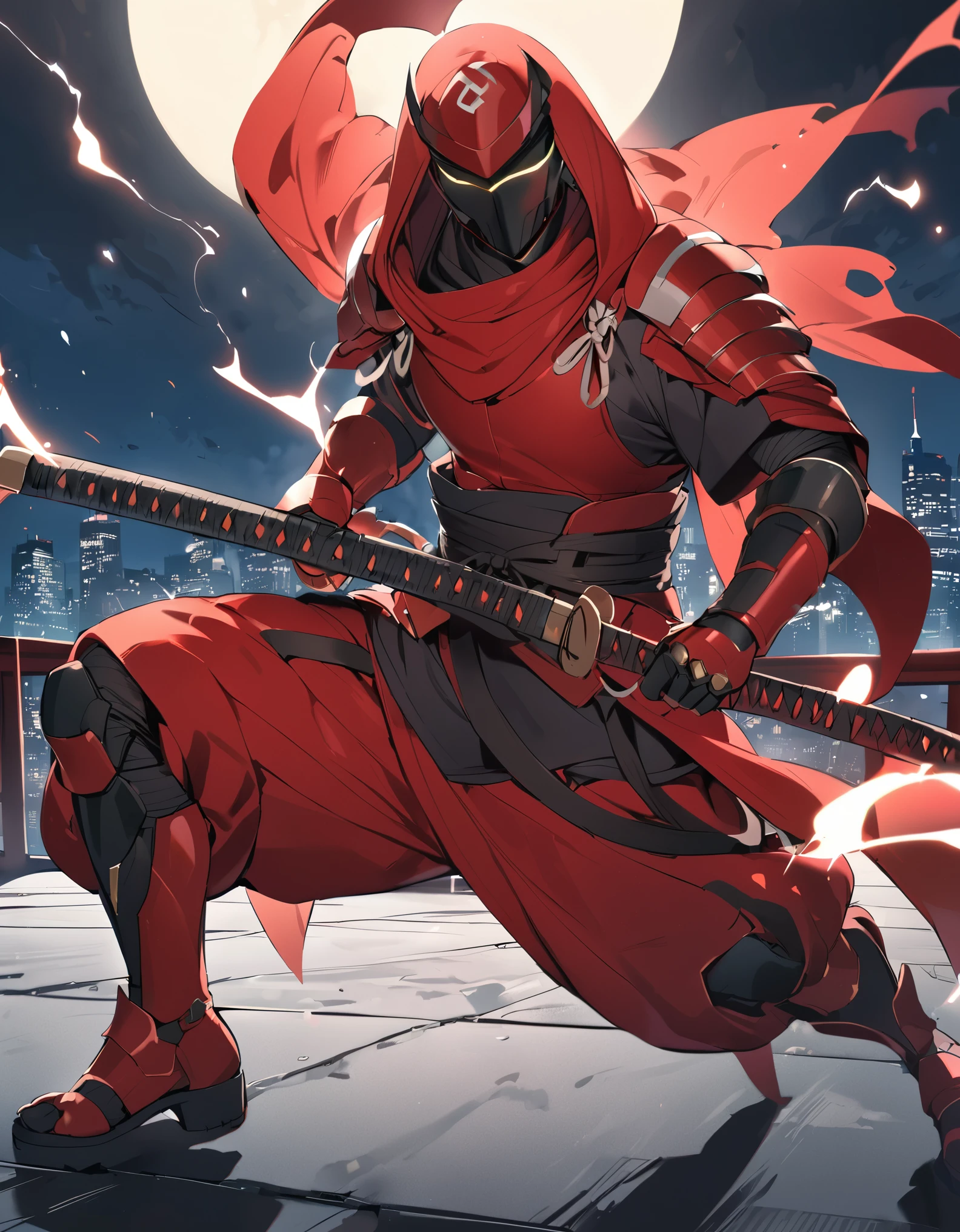 (masterpiece), (best quality), (high res), (solo, solo focus), 1male, male focus, ninja, black helmet, metal claws, glowing red eyes, holding weapon, katana, matching black gloves, black bodysuit, red armor, black knee pads, red boots. new york backdrop, midnight, moon, rooftop, outdoors. standing, smoke particles, menacing look, his body surrounded by electricity, white aura, full-body costume design.