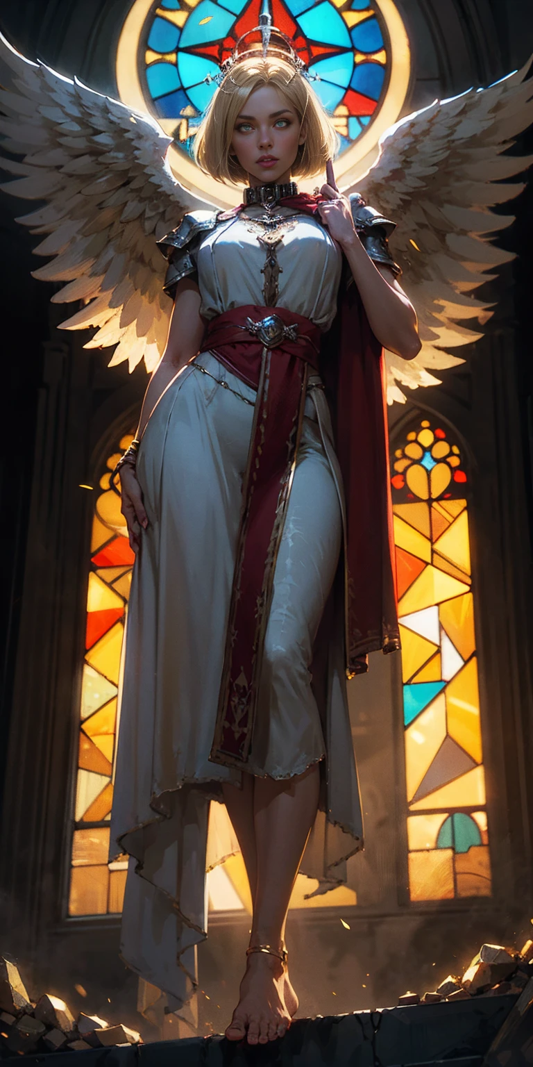 low angle, from below, paladin templar lady in white tabard, legwear, glowing yellow eyes, collar, golden chainmail, wide hips, barefoot, angel wings, pauldrons, halo, bob cut, blonde, eye focus, red cape, temple indoors, decorations, stained glass windows, night, particles, chromatic aberration, detailed, cinematic, dark scene, fantasy