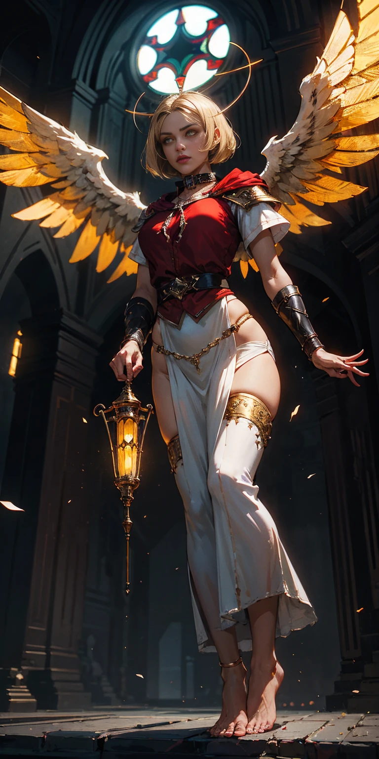 low angle, from below, paladin templar lady in white tabard, legwear, glowing yellow eyes, collar, golden chainmail, wide hips, barefoot, angel wings, pauldrons, halo, bob cut, blonde, eye focus, red cape, temple indoors, decorations, stained glass windows, night, particles, chromatic aberration, detailed, cinematic, dark scene, fantasy