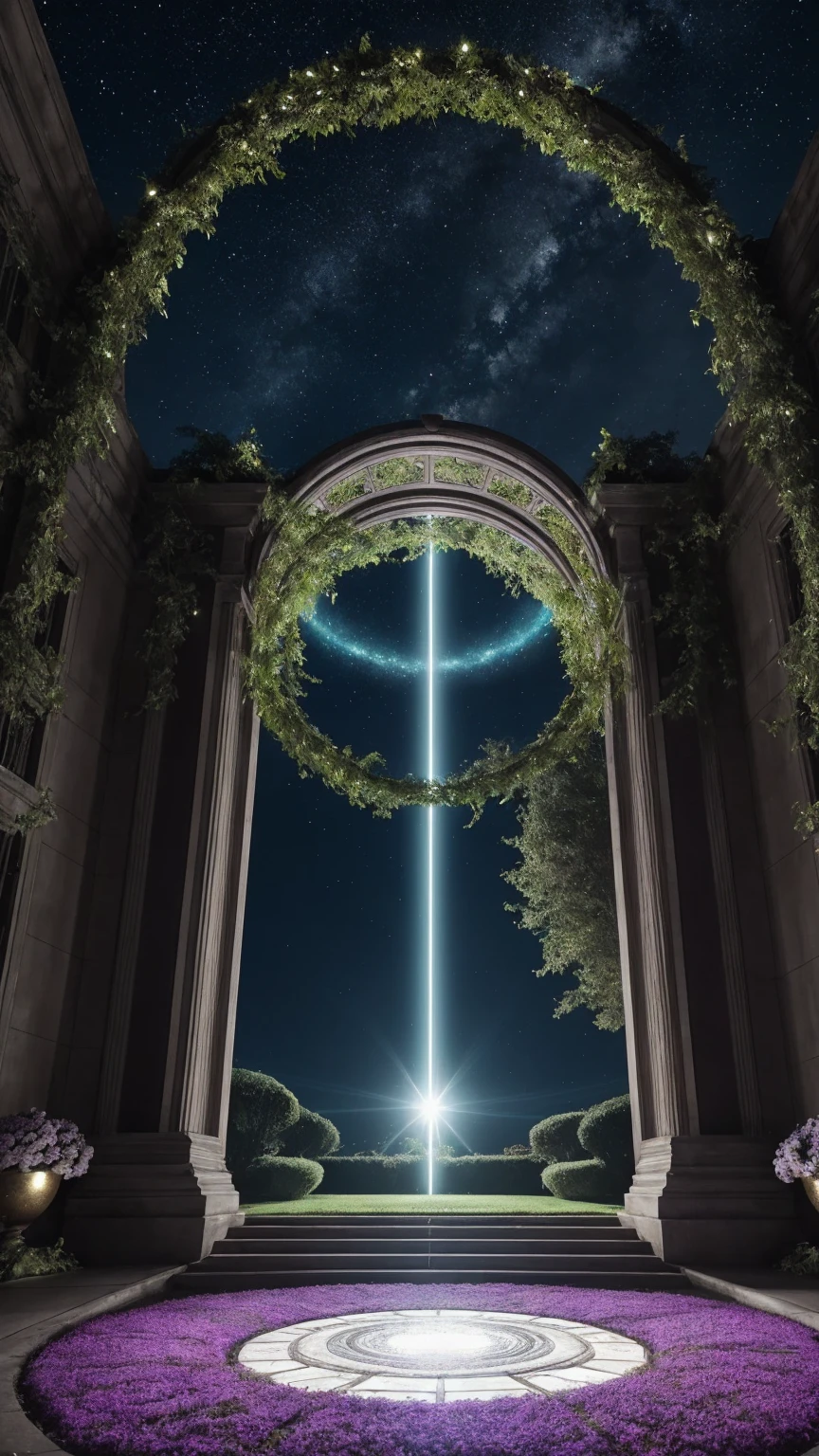 A breathtaking and fantastical portal materializes before you, its circular frame shimmering with an otherworldly energy. Within its depths, swirling nebulae of vibrant purples, blues, and pinks dance in a cosmic ballet, their colors blending and separating in mesmerizing patterns. At the center of this celestial display, an alluring light beckons, its warm golden glow promising untold wonders beyond.Surrounding the portal, lush and photorealistic green vines intertwine and climb, their leaves a rich emerald hue. The plants seem almost alive, reaching towards the portal as if drawn by its magnetic presence. Delicate tendrils curl and twist, creating an organic frame that perfectly complements the ethereal gateway.The atmosphere around the portal is thick with mystery and anticipation. A gentle breeze stirs the air, carrying with it countless shimmering, silver motes of dust. These magical particles dance and swirl in the air, catching the light and creating a dazzling display of twinkling stars that orbit the portal.Emerging from the very center of the portal, floating in three-dimensional space, are the words "". The text appears sculpted from pure energy, its surface smooth and reflective. The letters glow with an intense blue light, casting subtle shadows and highlights that emphasize their volume and depth.The text itself is a masterpiece of color, featuring a gradient that smoothly transitions from a soft, dreamy pink to a pure, crisp white. This gradient flo