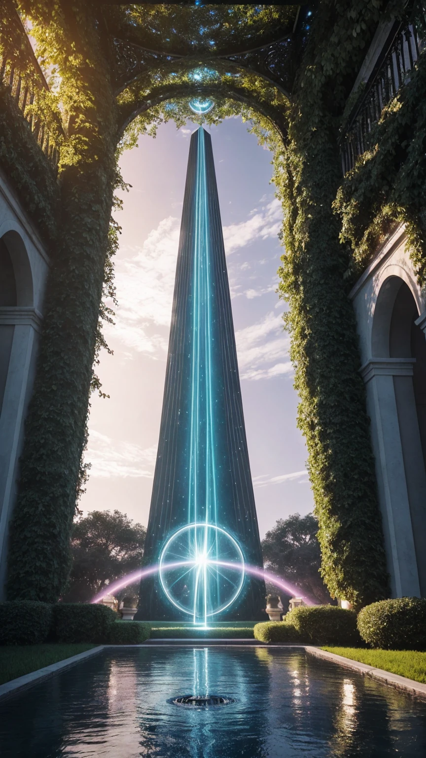 A breathtaking and fantastical portal materializes before you, its circular frame shimmering with an otherworldly energy. Within its depths, swirling nebulae of vibrant purples, blues, and pinks dance in a cosmic ballet, their colors blending and separating in mesmerizing patterns. At the center of this celestial display, an alluring light beckons, its warm golden glow promising untold wonders beyond.Surrounding the portal, lush and photorealistic green vines intertwine and climb, their leaves a rich emerald hue. The plants seem almost alive, reaching towards the portal as if drawn by its magnetic presence. Delicate tendrils curl and twist, creating an organic frame that perfectly complements the ethereal gateway.The atmosphere around the portal is thick with mystery and anticipation. A gentle breeze stirs the air, carrying with it countless shimmering, silver motes of dust. These magical particles dance and swirl in the air, catching the light and creating a dazzling display of twinkling stars that orbit the portal.Emerging from the very center of the portal, floating in three-dimensional space, are the words "". The text appears sculpted from pure energy, its surface smooth and reflective. The letters glow with an intense blue light, casting subtle shadows and highlights that emphasize their volume and depth.The text itself is a masterpiece of color, featuring a gradient that smoothly transitions from a soft, dreamy pink to a pure, crisp white. This gradient flo