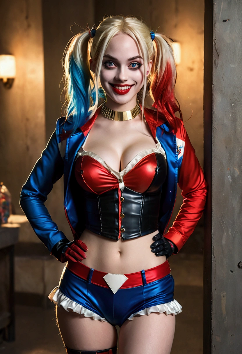 ultra realistic, photography, long red hair, girl, 24 years old, hourglass figure, perfect body, Flirty look, extremely detailed artgerm, in the style artgerm, small breasts, facing the camera, lens 35 mm, blur background, red and blue Harley Quinn costume (from the 2016 suicide squad movie), lively costume party as background, laughing, full body picture, full body